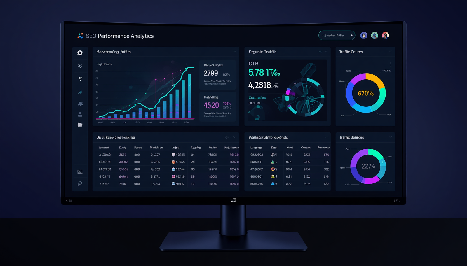SEO performance monitoring dashboard with analytics charts and KPI metrics