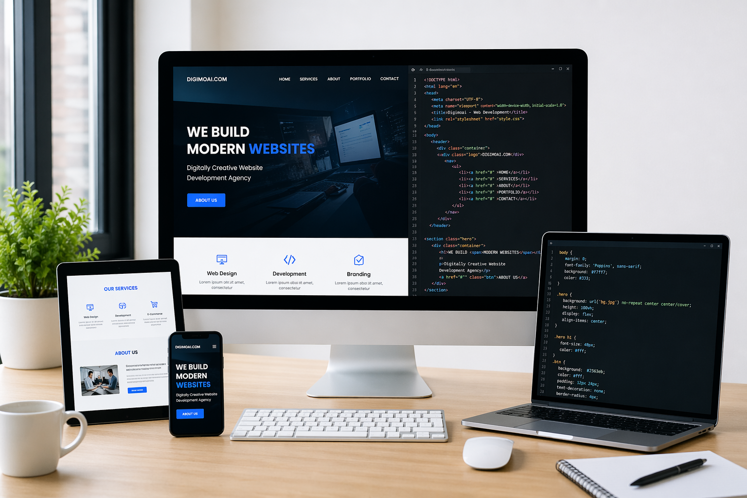 Modern responsive website design displayed across desktop, tablet, and smartphone devices in a clean workspace setup.