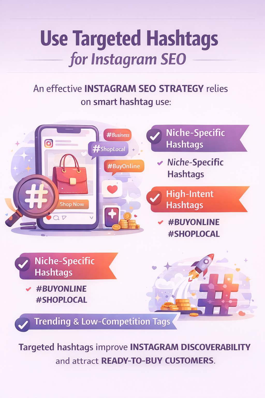 Instagram hashtag strategy guide showing tips for increasing reach , engagement , and visibility for small business