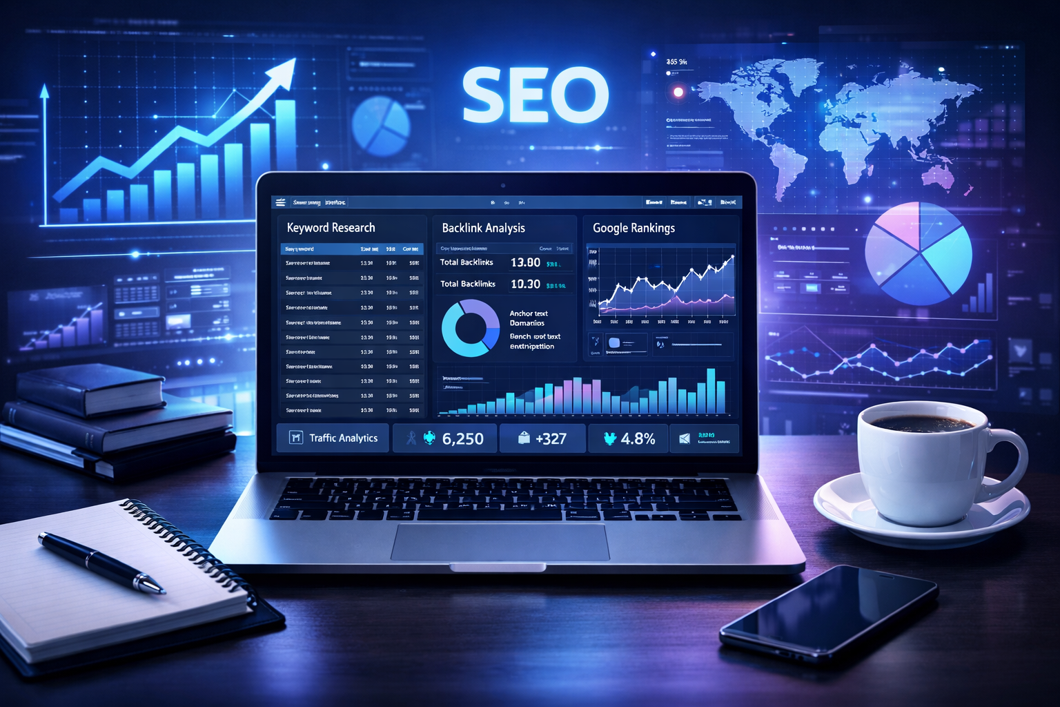 Laptop displaying SEO analytics dashboard with graphs, keyword rankings, and performance metrics.