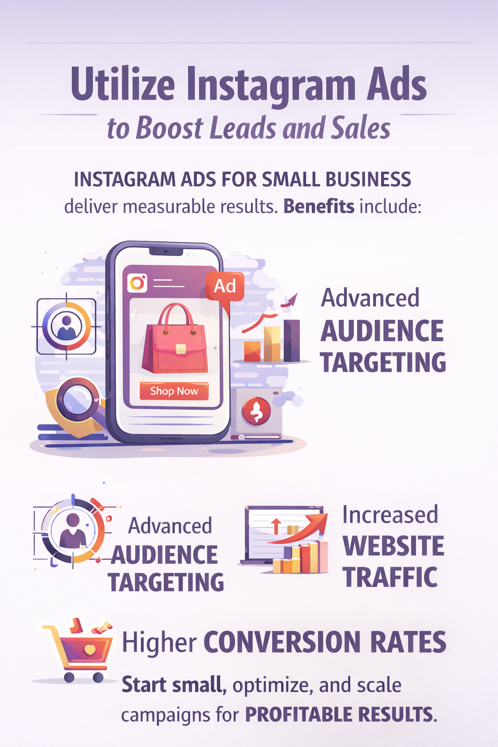 Instagram advertising guide image showing targeted audience reach , improved conversions, and increased website traffic for small business marketing