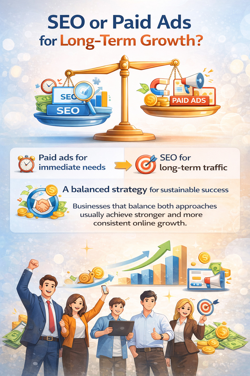 Infographic comparing SEO and paid ads for long-term business growth, highlighting cost, speed, and sustainable traffic benefits.