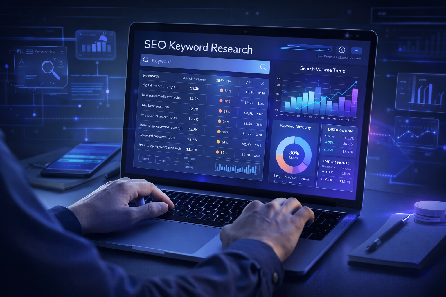 SEO keyword research dashboard on laptop with analytics chart and data visualization
