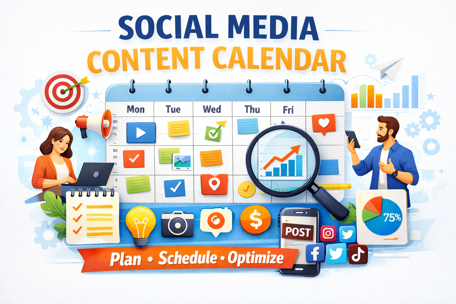 Social media content calendar infographic with digital marketing icons