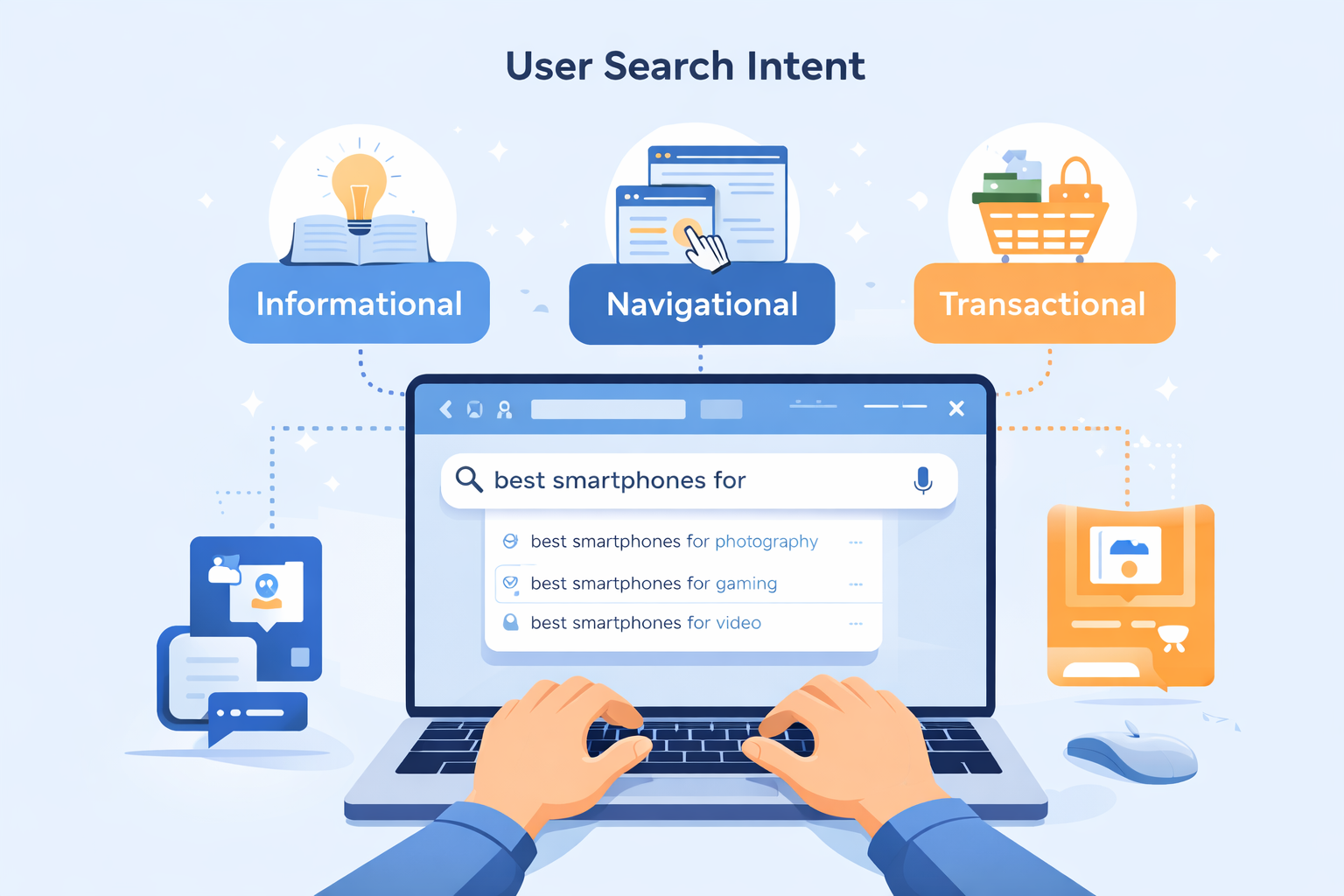 User search intent categories illustration with informational, navigational, and transactional queries