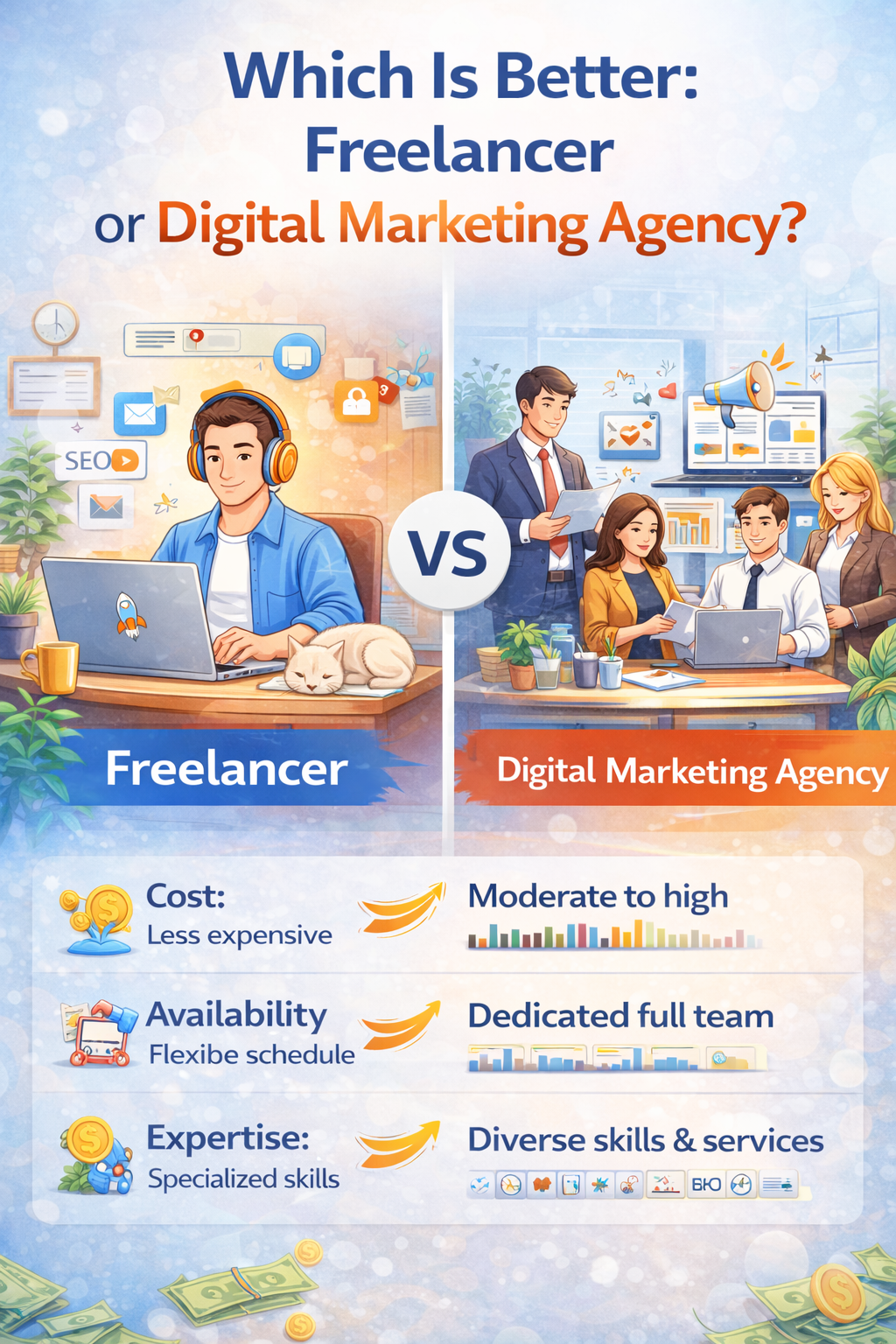 Comparison infographic between a freelance digital marketer and a digital marketing agency, highlighting cost, flexibility, expertise, and service differences.