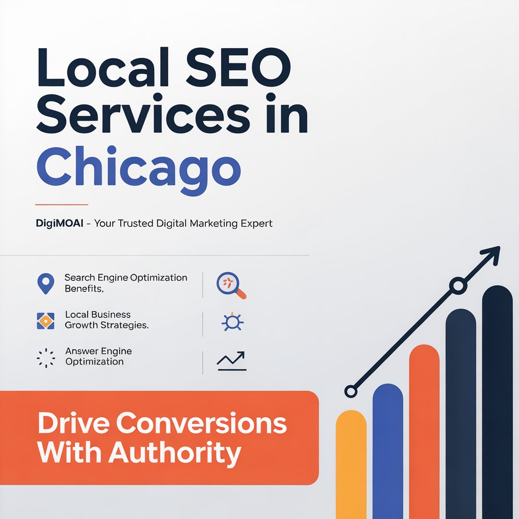 Local SEO services banner for Chicago featuring search icons, business growth chart, and digital marketing elements.