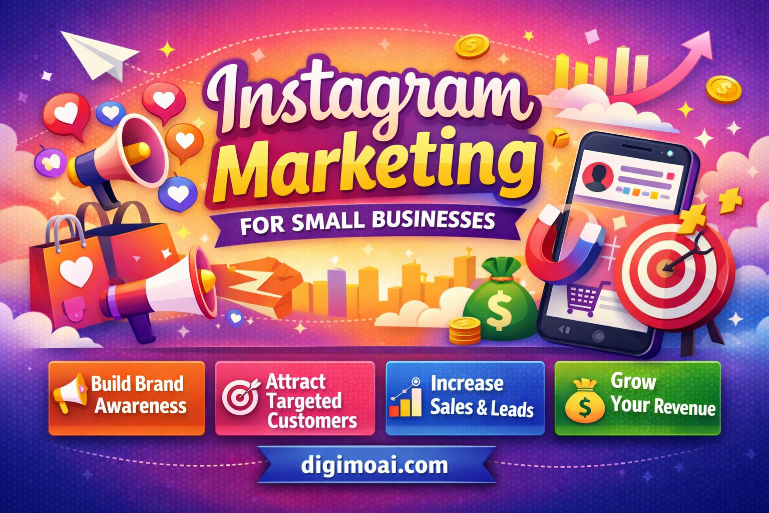 Illustration of instagram marketing strategy for small business showing smartphone , megaphone , target icon , growth chart, and social media engagement elements.