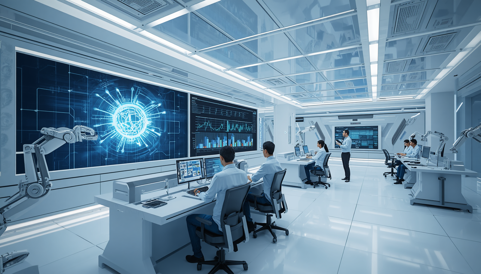 AI automation control room with team analyzing data dashboards and robotic systems
