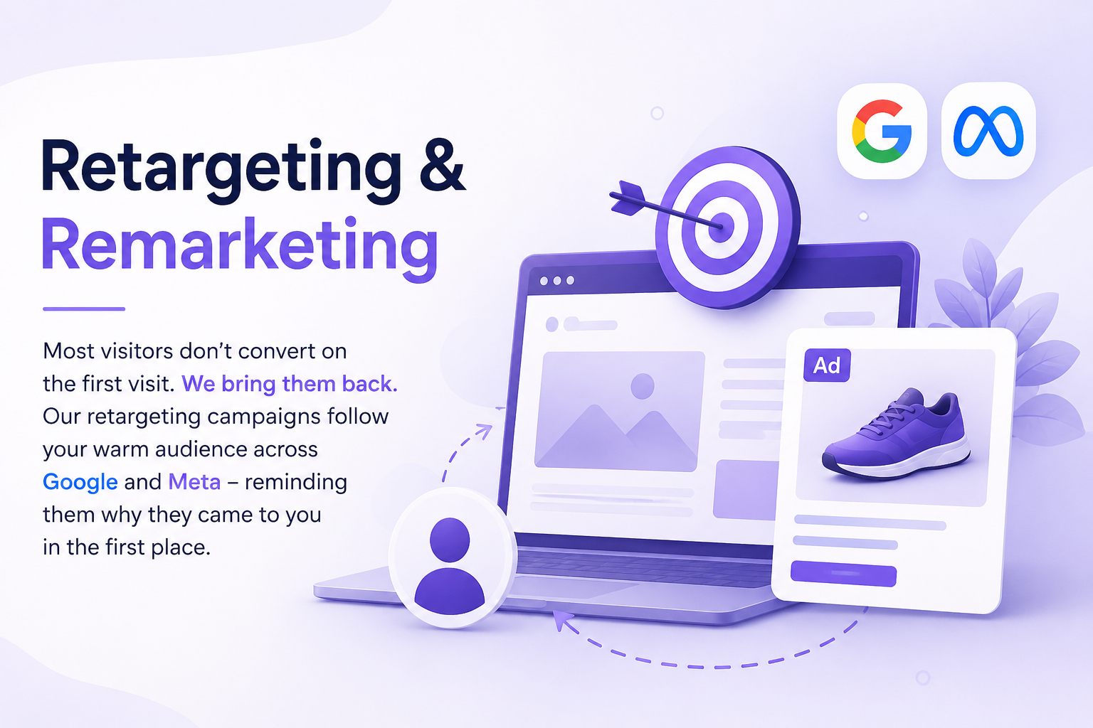 Retargeting and remarketing illustration showing digital ads, audience targeting, and conversion-focused marketing visuals.