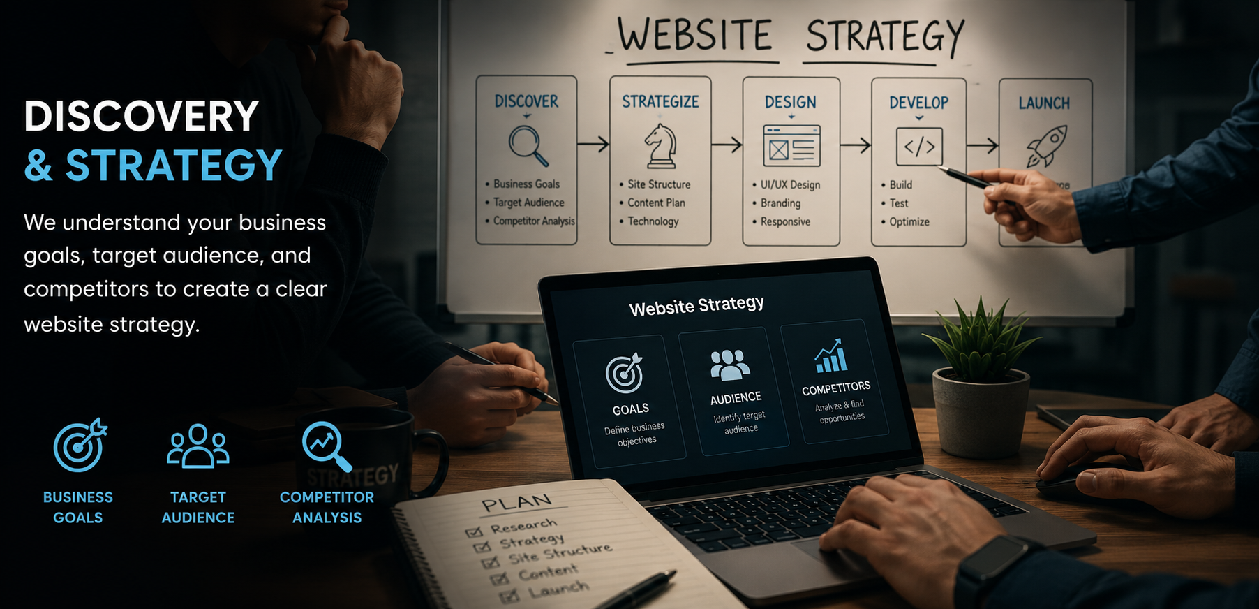 Team discussing website strategy and digital planning in a professional business meeting with website design concepts on screen.