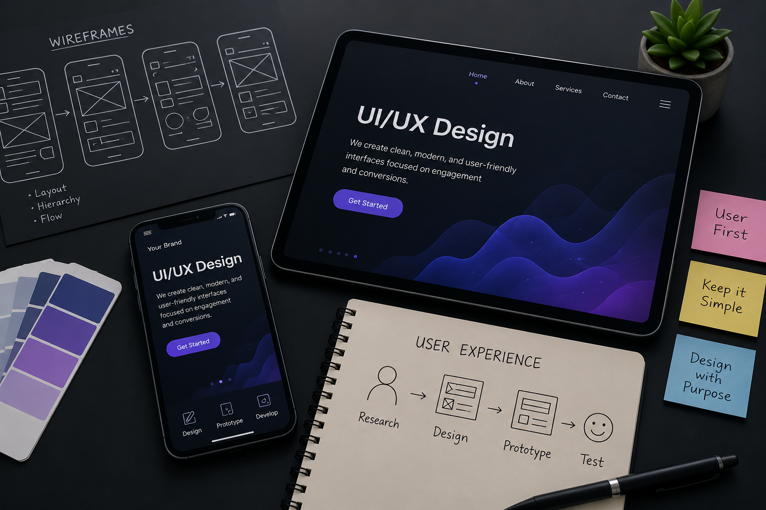 UI/UX design workspace showing wireframes, mobile app interface, sketches, and design planning materials.