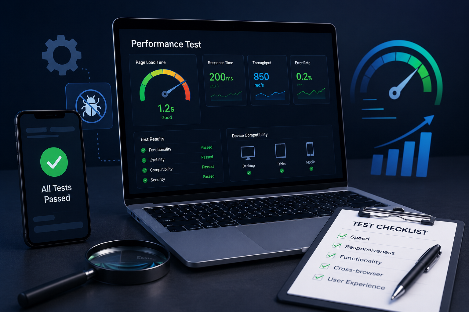 Digital performance dashboard displayed on laptop and smartphone showing analytics, speed metrics, and optimization insights.