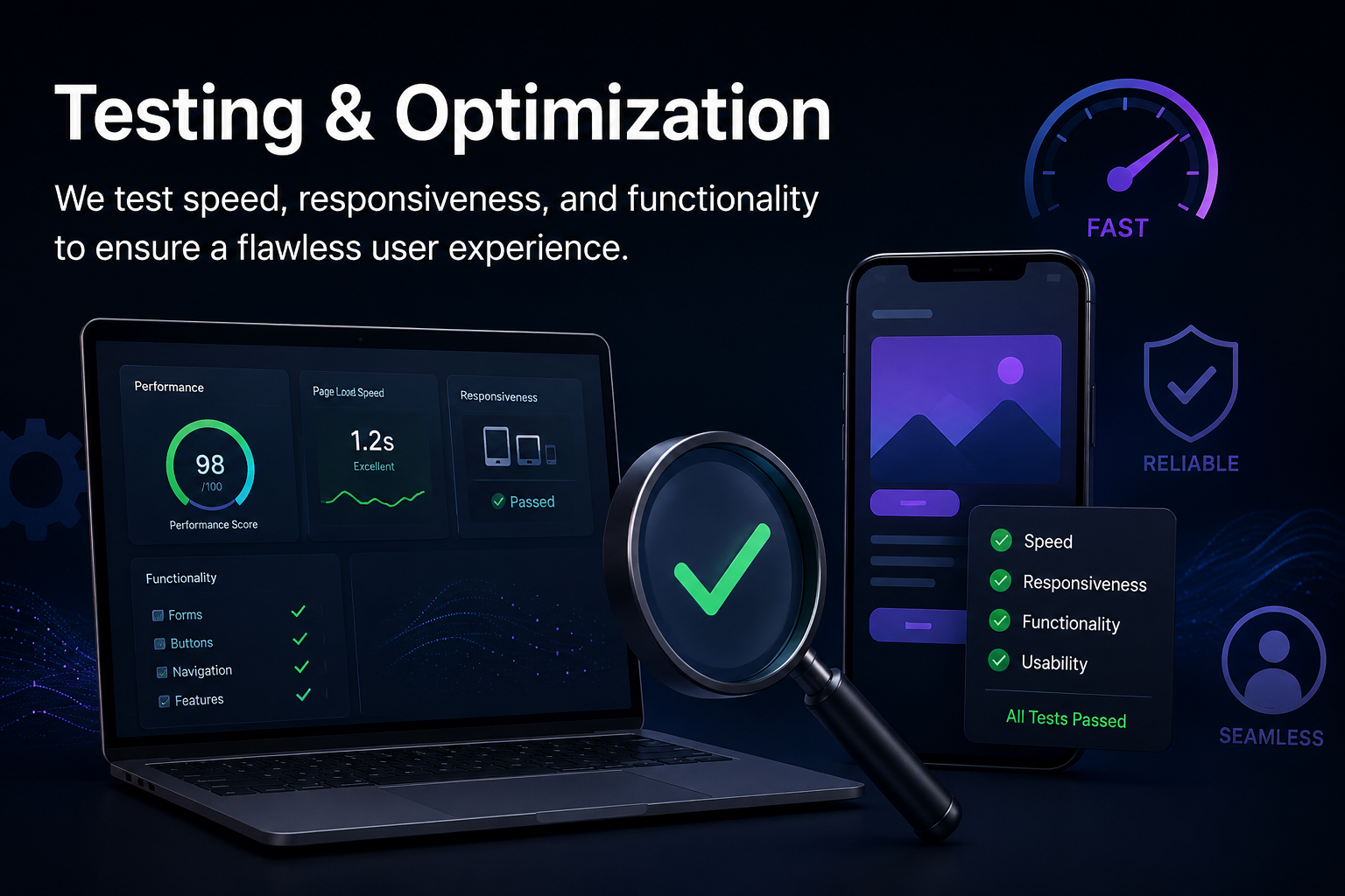 Website testing and optimization dashboard displaying performance analysis, security checks, and improvement metrics.
