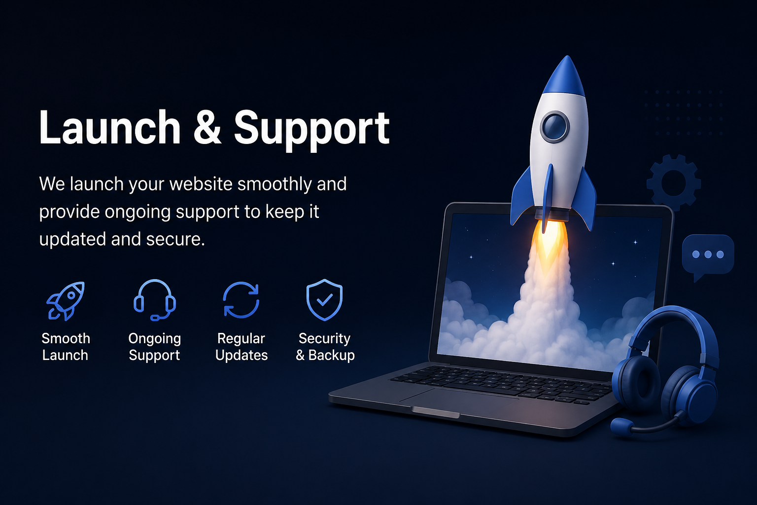 Website launch and support illustration featuring a laptop, rocket launch graphic, and support icons representing deployment and maintenance services.