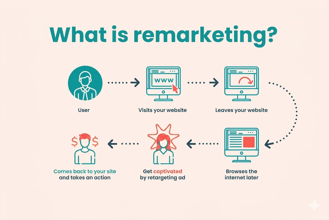 Remarketing process infographic showing a user visiting, leaving, and returning to a website after seeing a retargeting ad