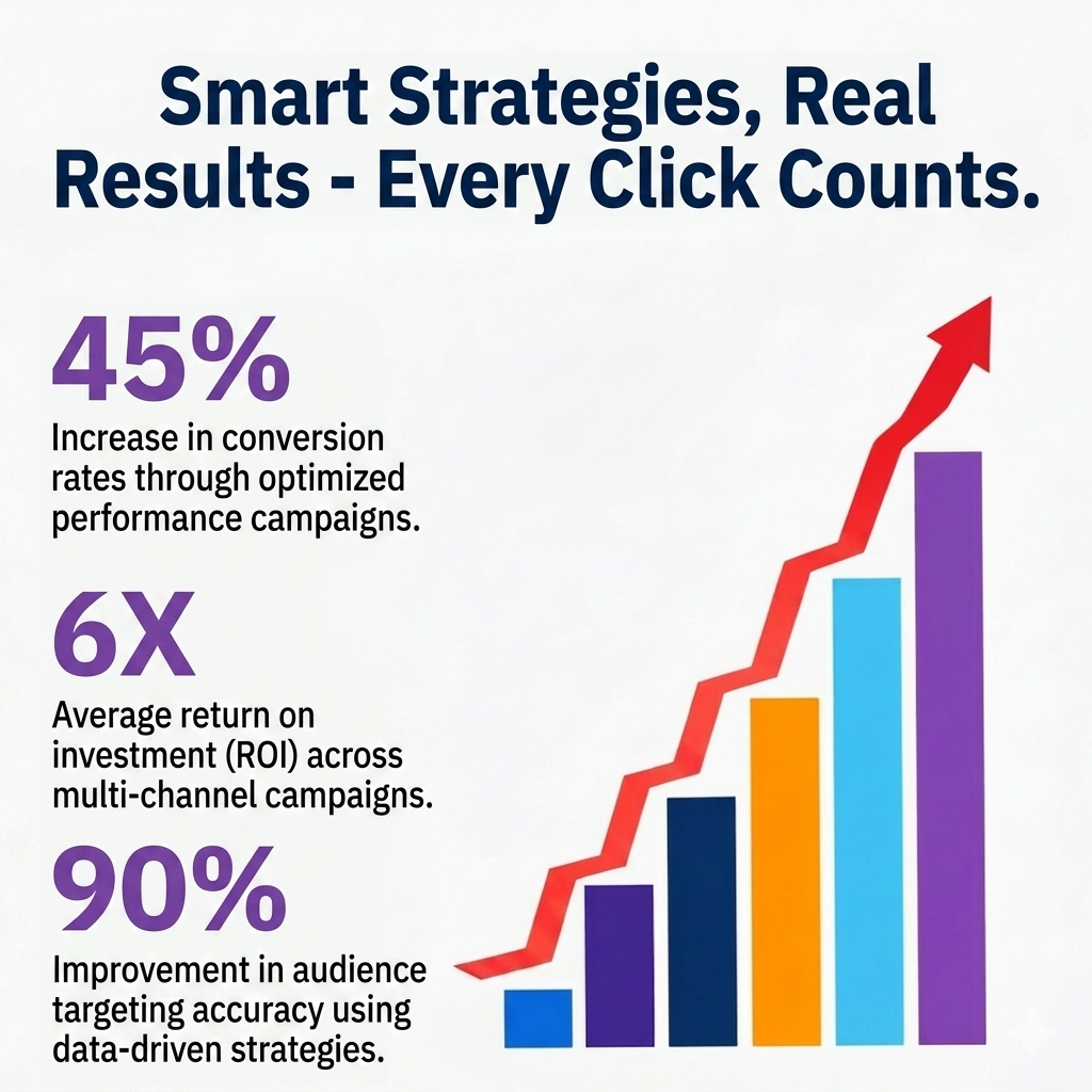 Performance marketing infographic showing 45% conversion increase, 6X ROI, and 90% targeting improvement with a rising bar chart