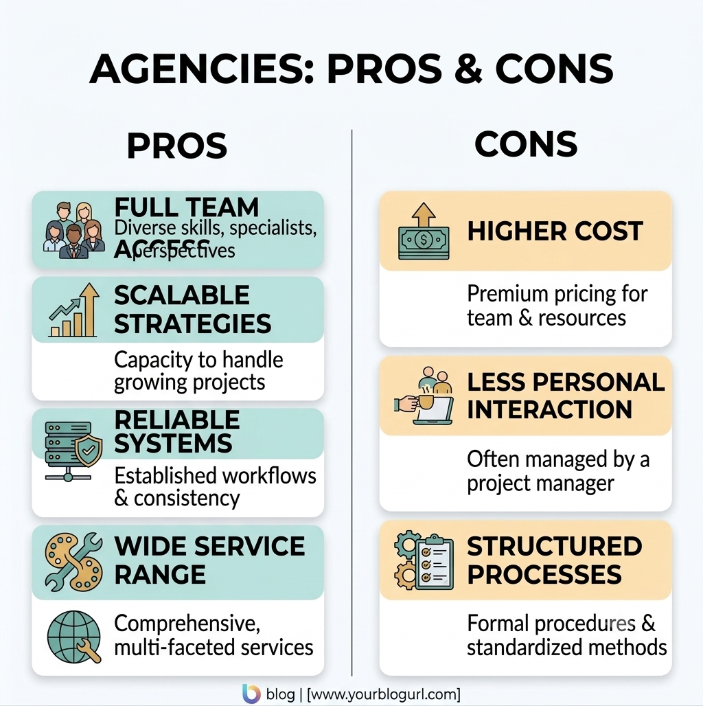Comparing agency pros and cons including team expertise, scalability, service range, cost, and structured processes.