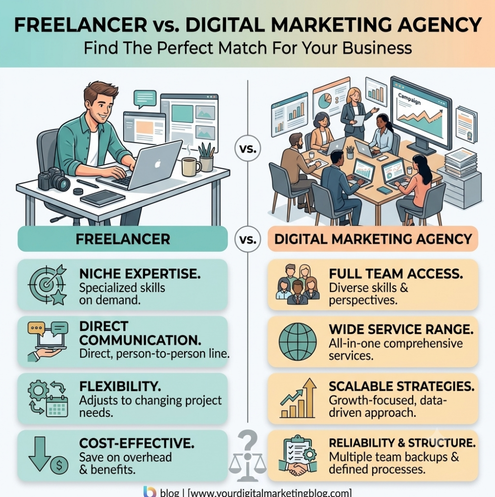 comparing freelancer vs digital marketing agency based on expertise, communication, flexibility, scalability, and services.