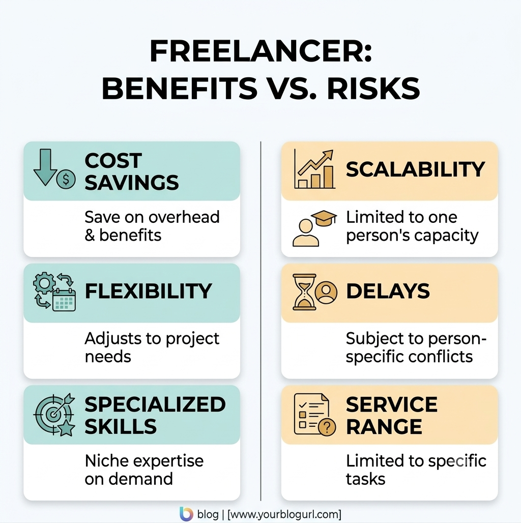 freelancer benefits and risks including cost savings, flexibility, scalability, delays, and service range.