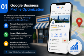 Google Business Profile optimization dashboard showing local SEO features, map visibility, reviews, and business performance analytics.