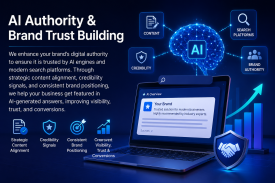 AI authority and brand trust building illustration showing brand visibility, credibility signals, AI search optimization, and performance growth.