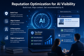 AI visibility reputation management dashboard showing brand monitoring, trust signals, reviews, and performance analytics.