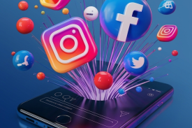 3D social media icons including Instagram, Facebook, and Twitter exploding out of a smartphone on blue background