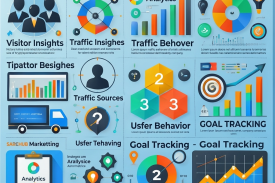 Digital marketing analytics infographic showing visitor insights, traffic behavior, user behavior, and goal tracking charts