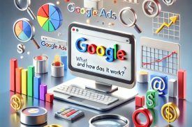 Google Ads concept Image with a computer screen, colorful charts, and digital marketing icons