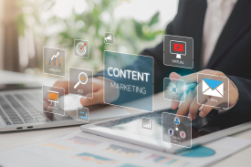 Content marketing and SEO optimization concept with analytics icons and digital strategy elements