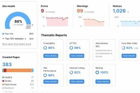 SEO audit dashboard showing website performance, errors, warnings, and optimization scores